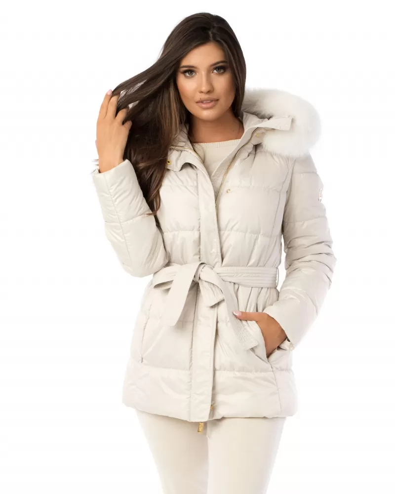 Light beige winter jacket with fox fur trimmed hood