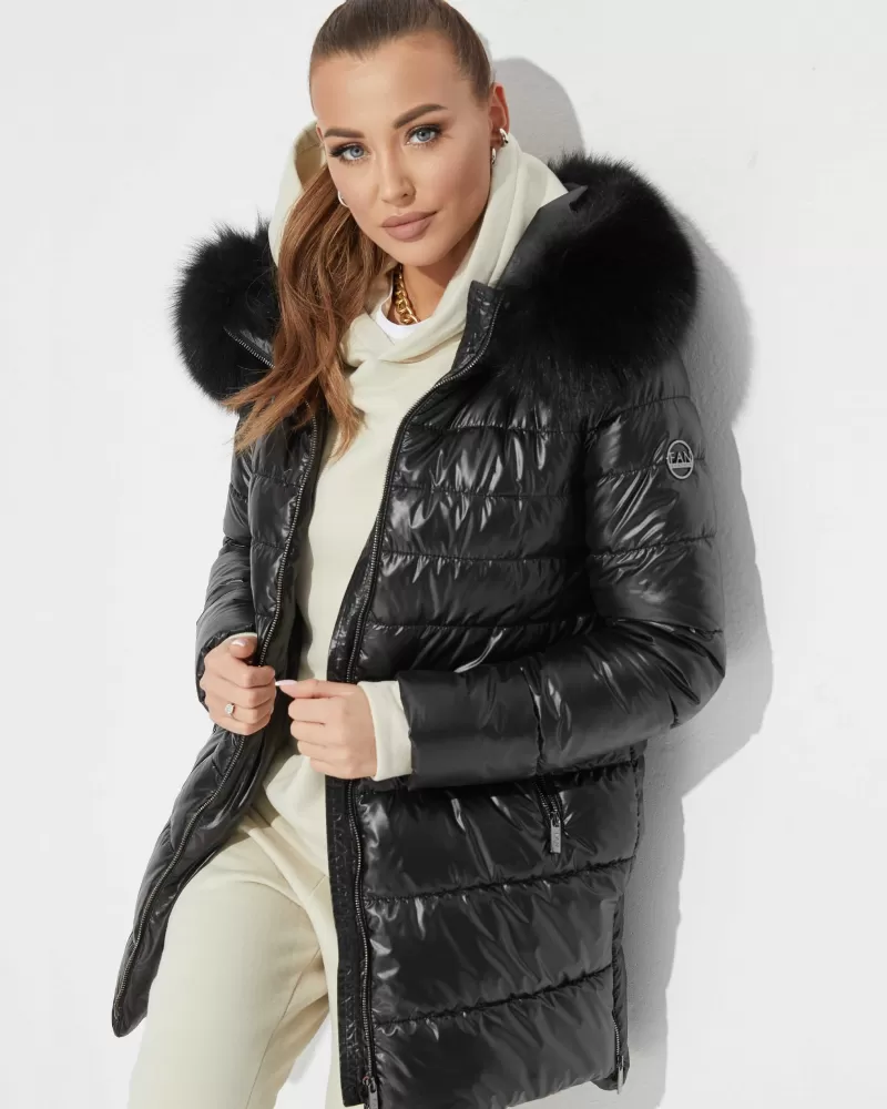 Black padded winter jacket with fox fur trimmed hood