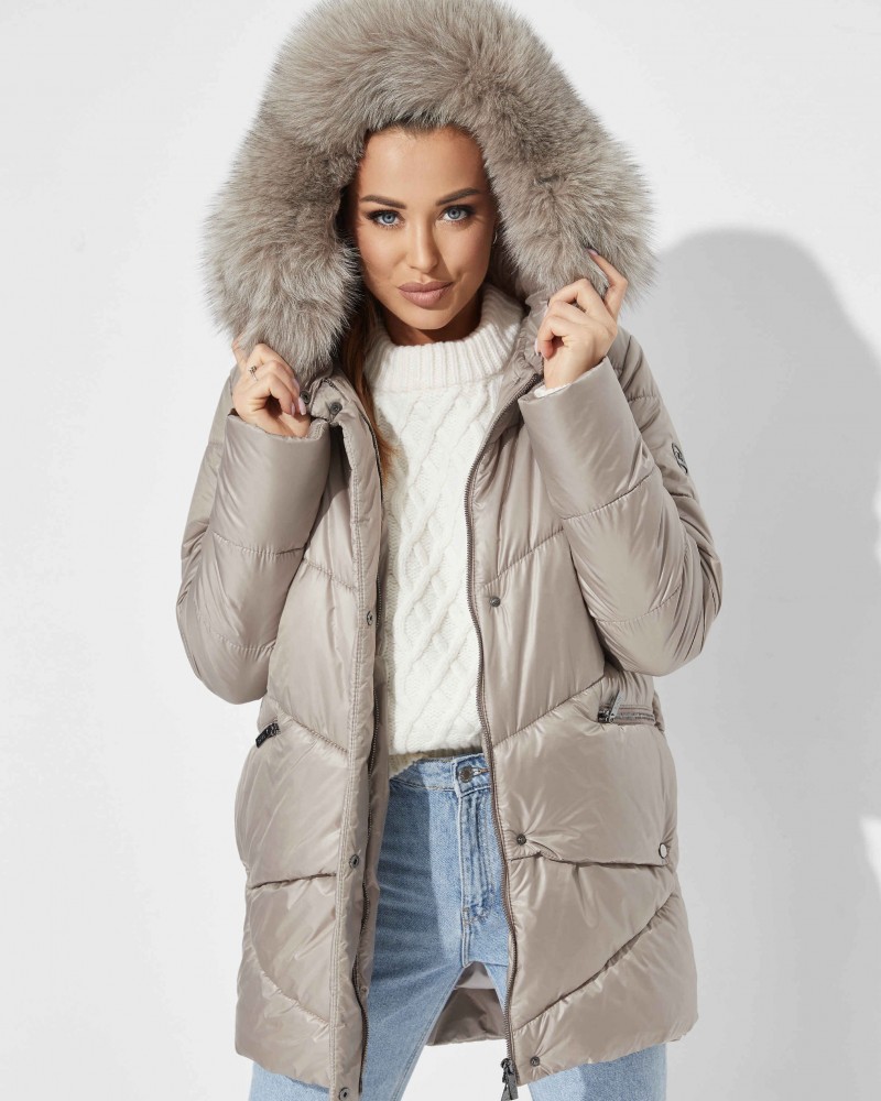 Beige winter jacket with fox fur trimmed hood