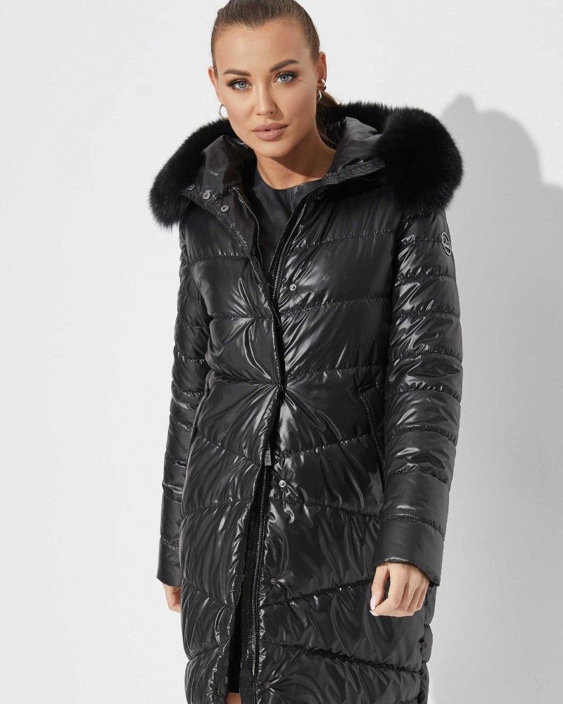 Black winter jacket with fox fur trimmed hood