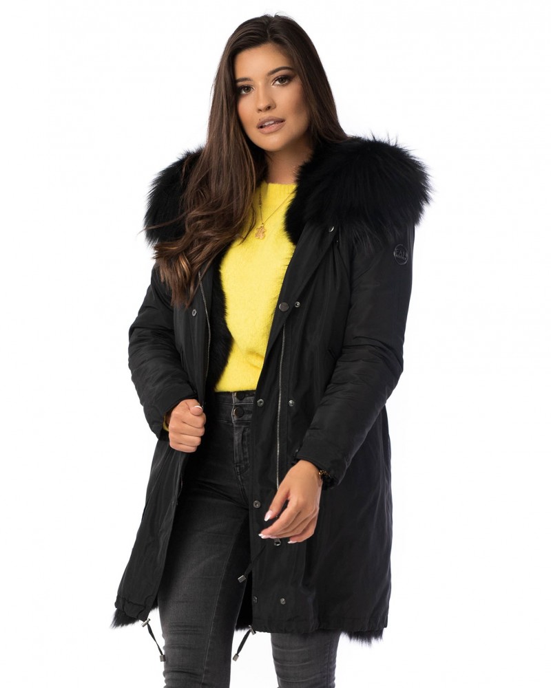 Black reversible winter parka padded with fox fur