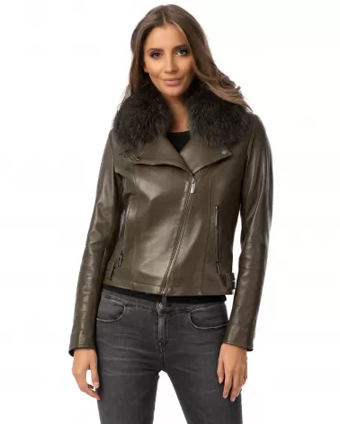 Khaki classic biker jacket with fox fur