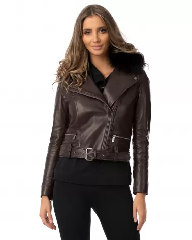 Brown leather biker jacket with fox fur