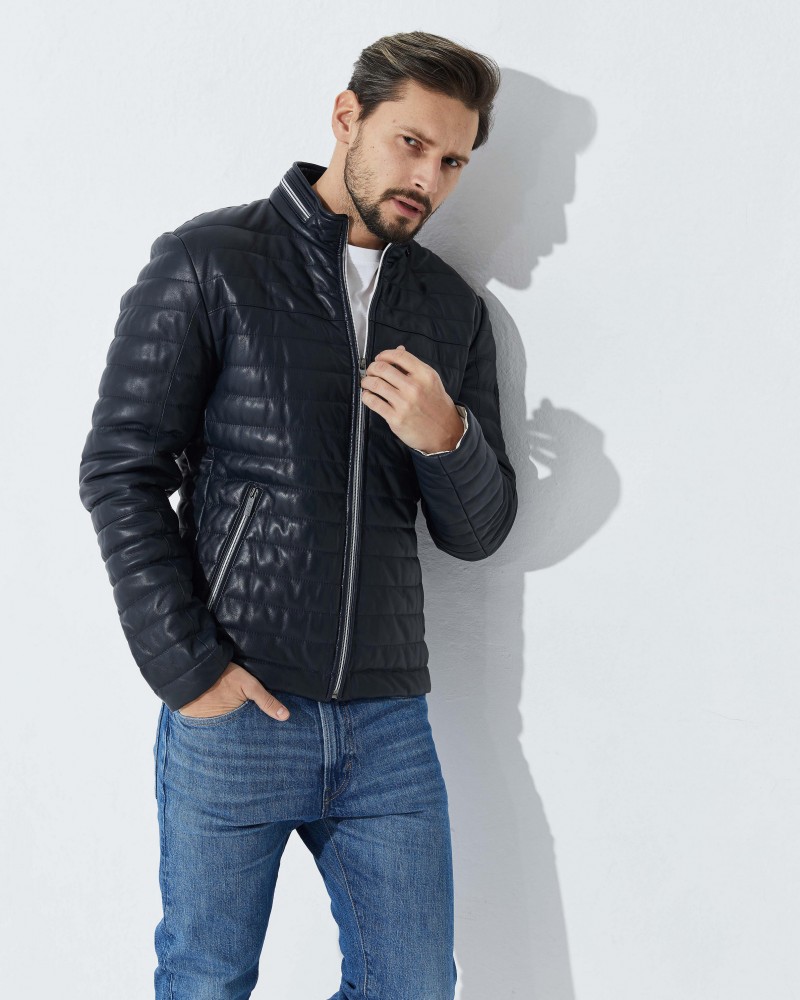 Navy padded with eco down leather jacket