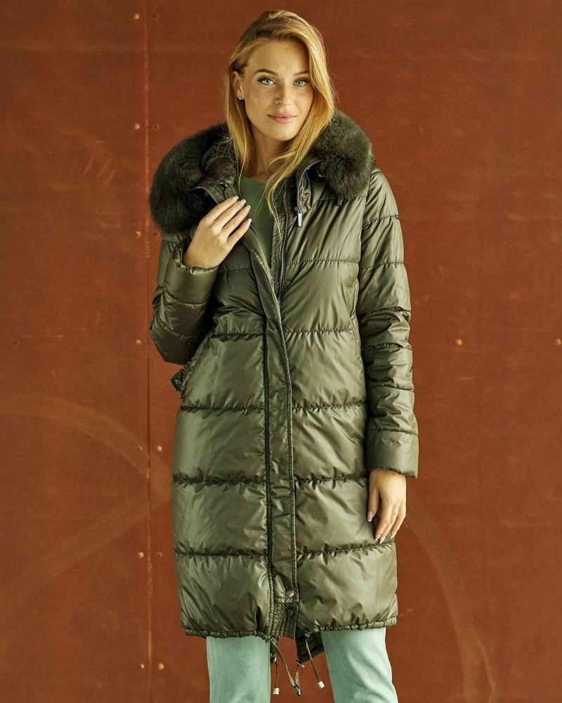 Khaki long winter jacket with hood trimmed with fox