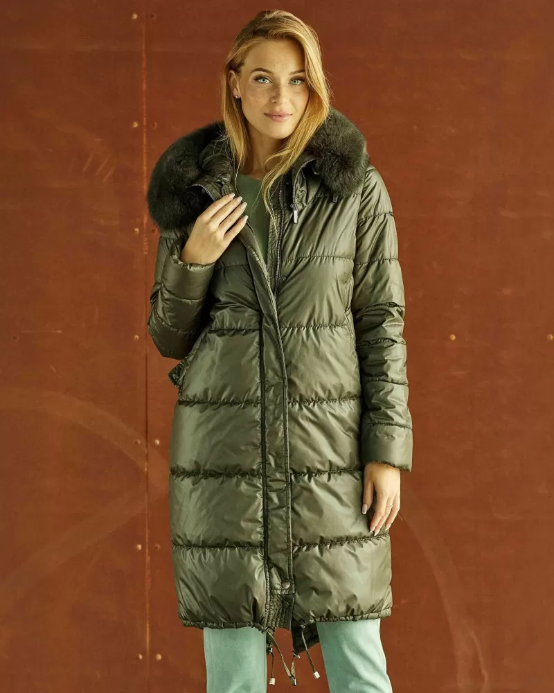 Khaki long winter jacket with hood trimmed with fox