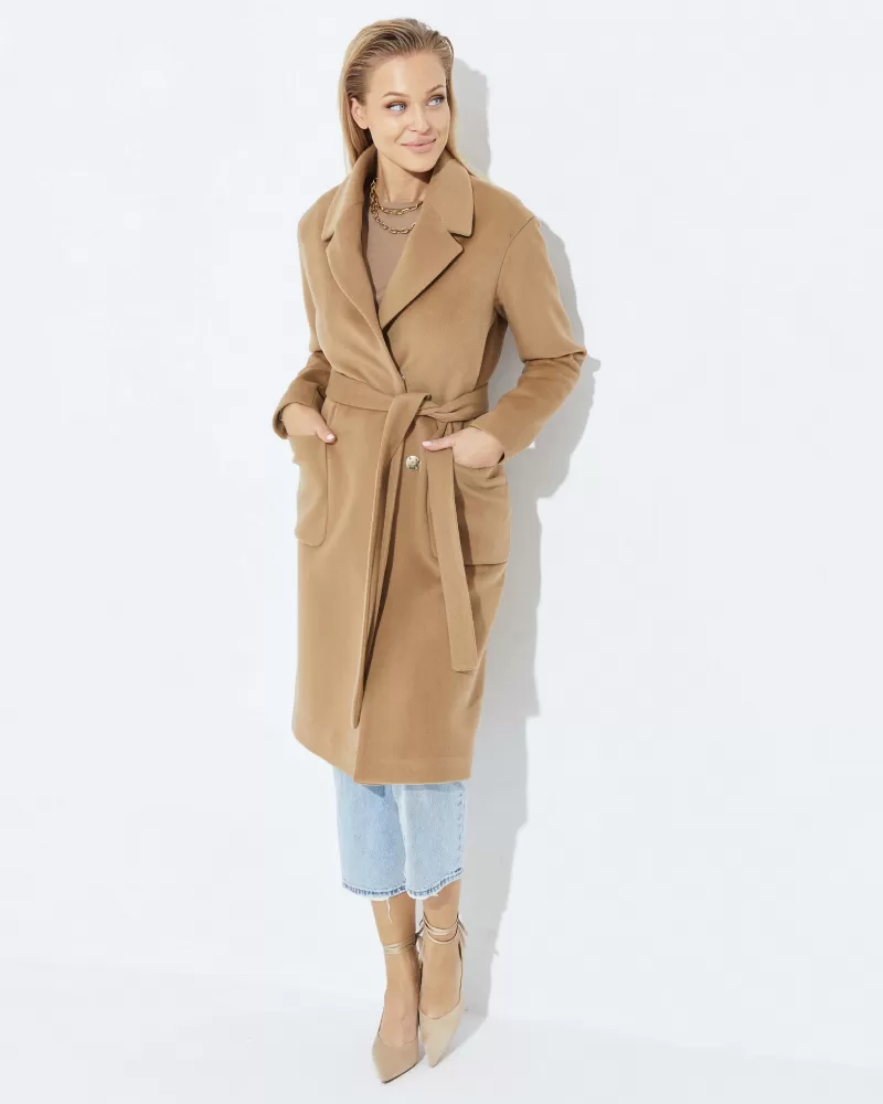 Long camel wool coat with cashmere