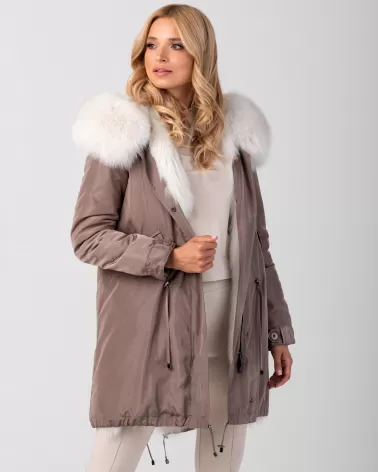 Taupe reversible winter parka padded with fox fur