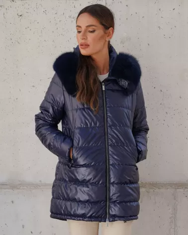 Marineblaue Daunenjacke mit Kapuze