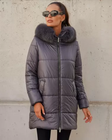 Grey hooded down jacket