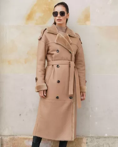 Long camel sheepskin coat