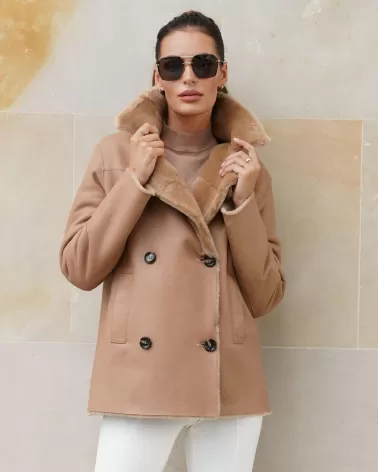 Double-breasted camel sheepskin coat