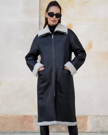 Black long sheepskin coat